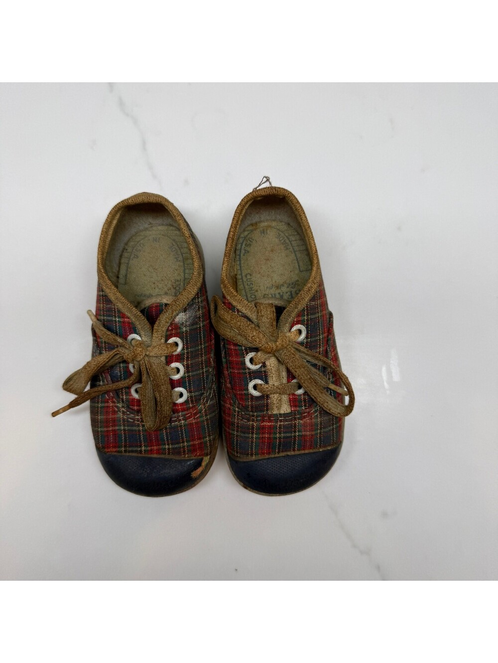 Vintage Red Green Plaid Baby Shoes Canvas Sneakers Lace Up Tartan Mid Century